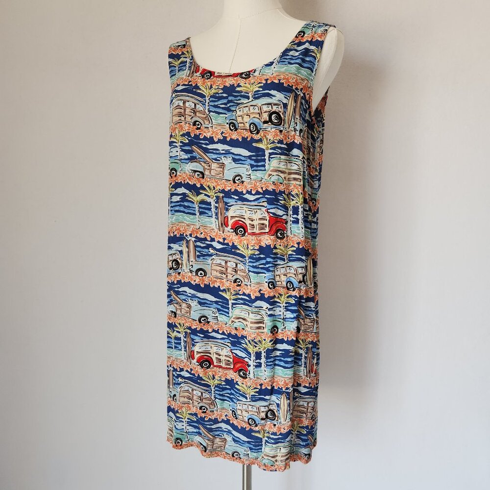 Vintage Weekend Traffic Wagon Surfer Aloha Hawaii Shift Dress Sleeveless